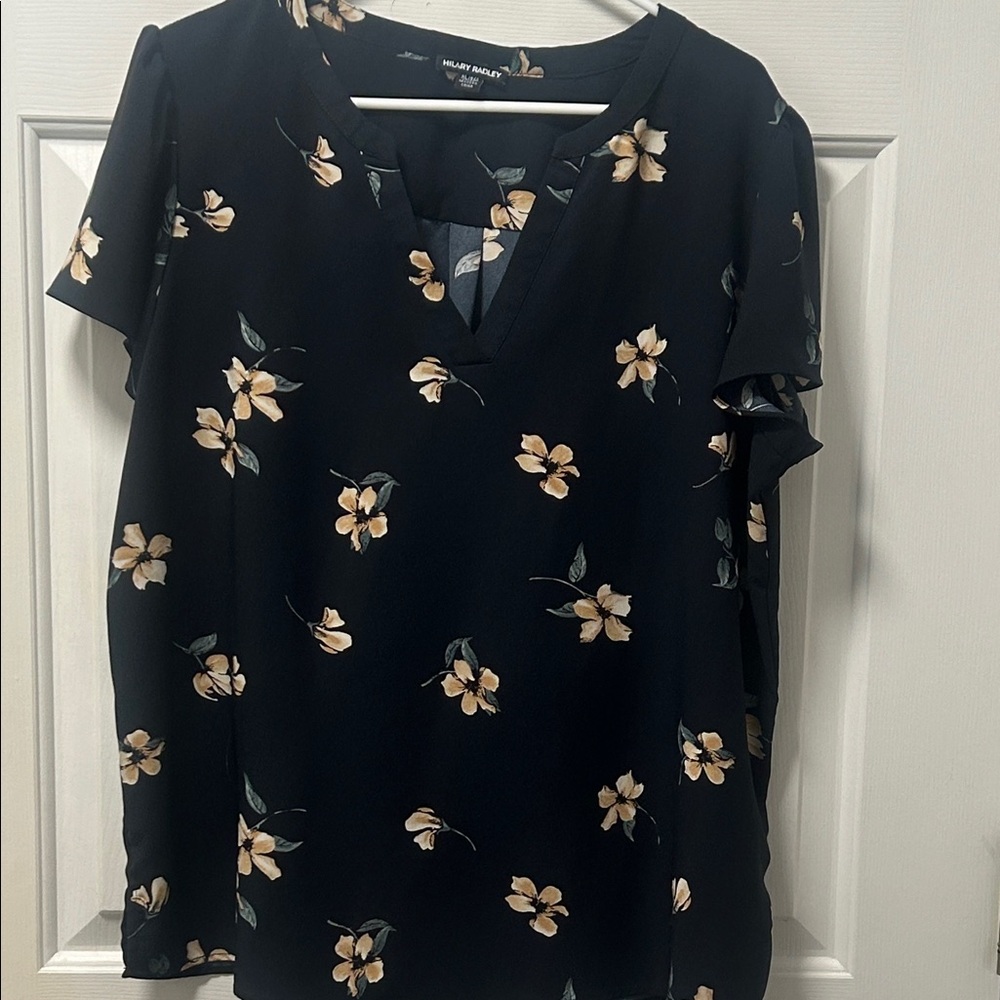 Hillary Radley Black V Neck Blouse with Floral Design Size XL